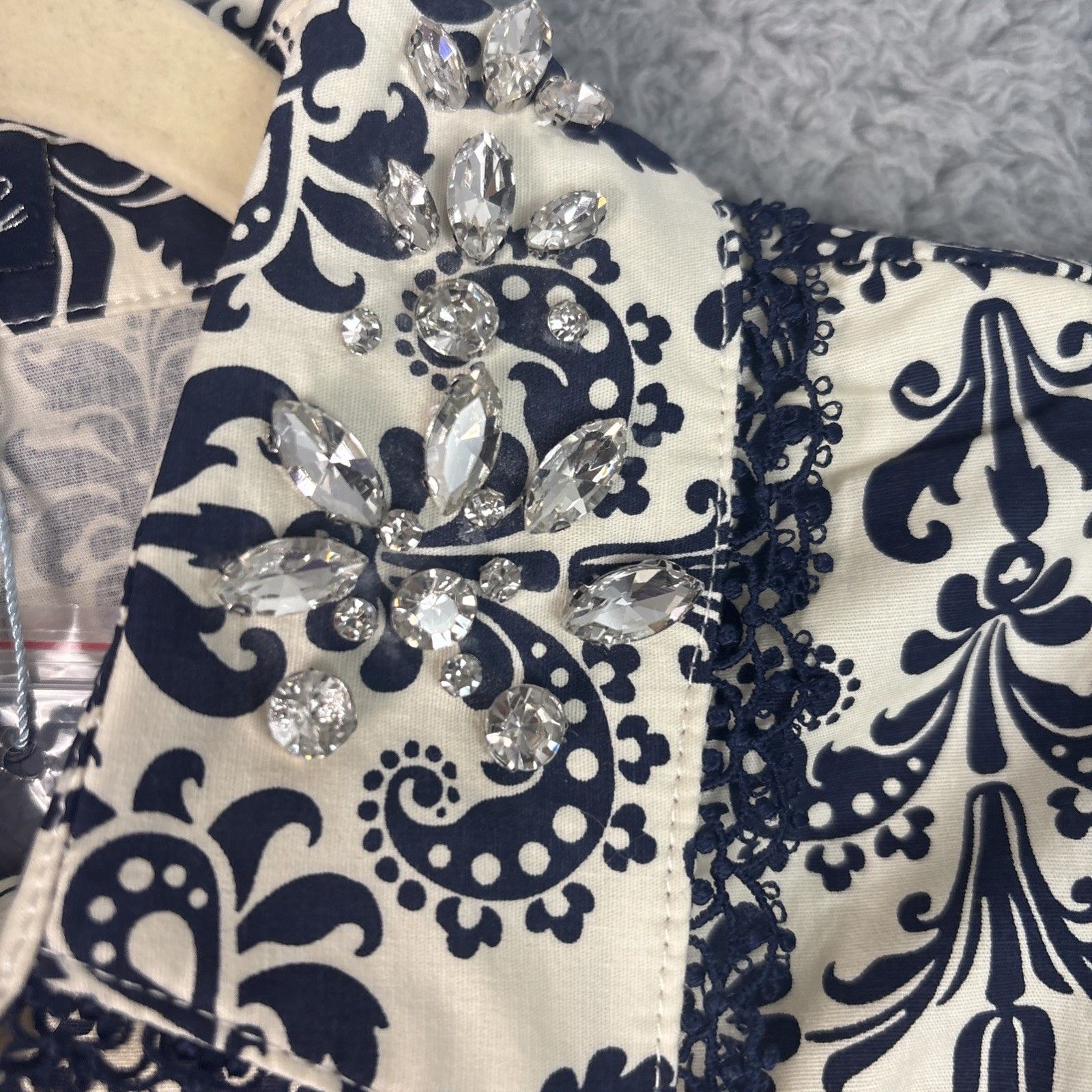 Nwt Trish Scully Constance Maxi Dress Navy Damask Size 0 Rhinestone Long Sleeve — image 6 of 8